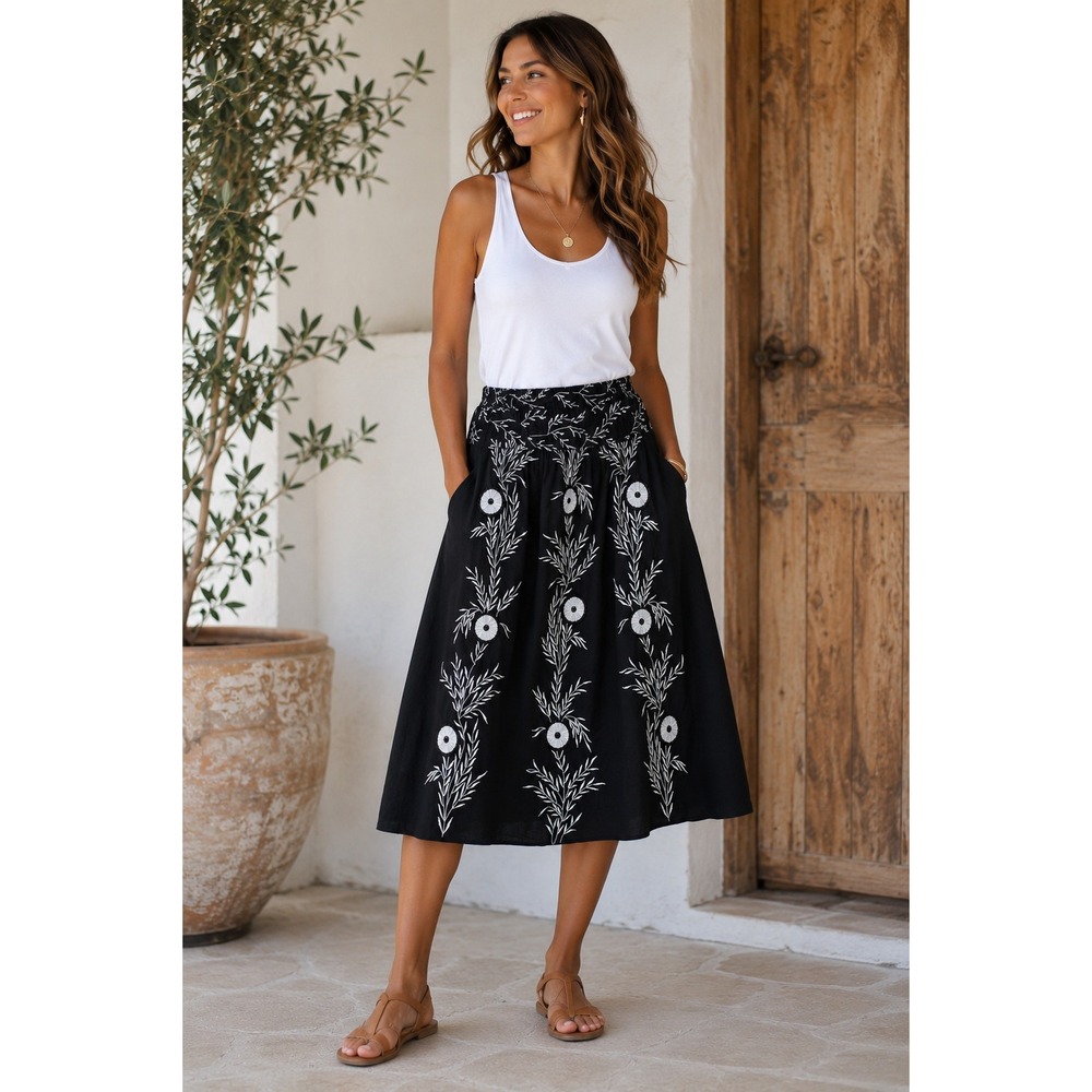 Gretchen Scott Designs Black Midi Skirt with White Floral Embroidery
